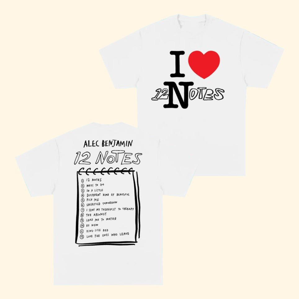 12 Notes White T-Shirt Alec Benjamin Merch Father's Day Gifts Music Lover Gifts For Best Friend