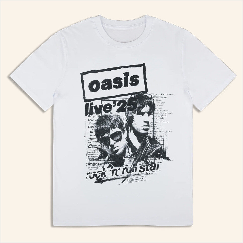 2025 Live '25 Rock N Roll Star T-Shirt Oasis Tour Merch White Birthday Gift Ideas For Boyfriend
