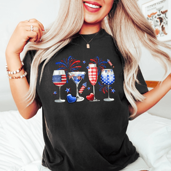 4th July Wine Glasses USA Flag Shirt Patriotic Independence Day T-Shirt Mom Gifts