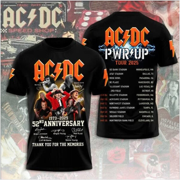 ACDC PWR UP Tour 2025 Shirt 52nd Anniversary Thank You For The Memories ACDC Merch