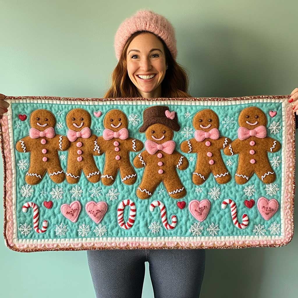 Adorable Ginger Bread Quilted Table Runner Holiday Christmas Kitchen Indoor Decorations Gifts
