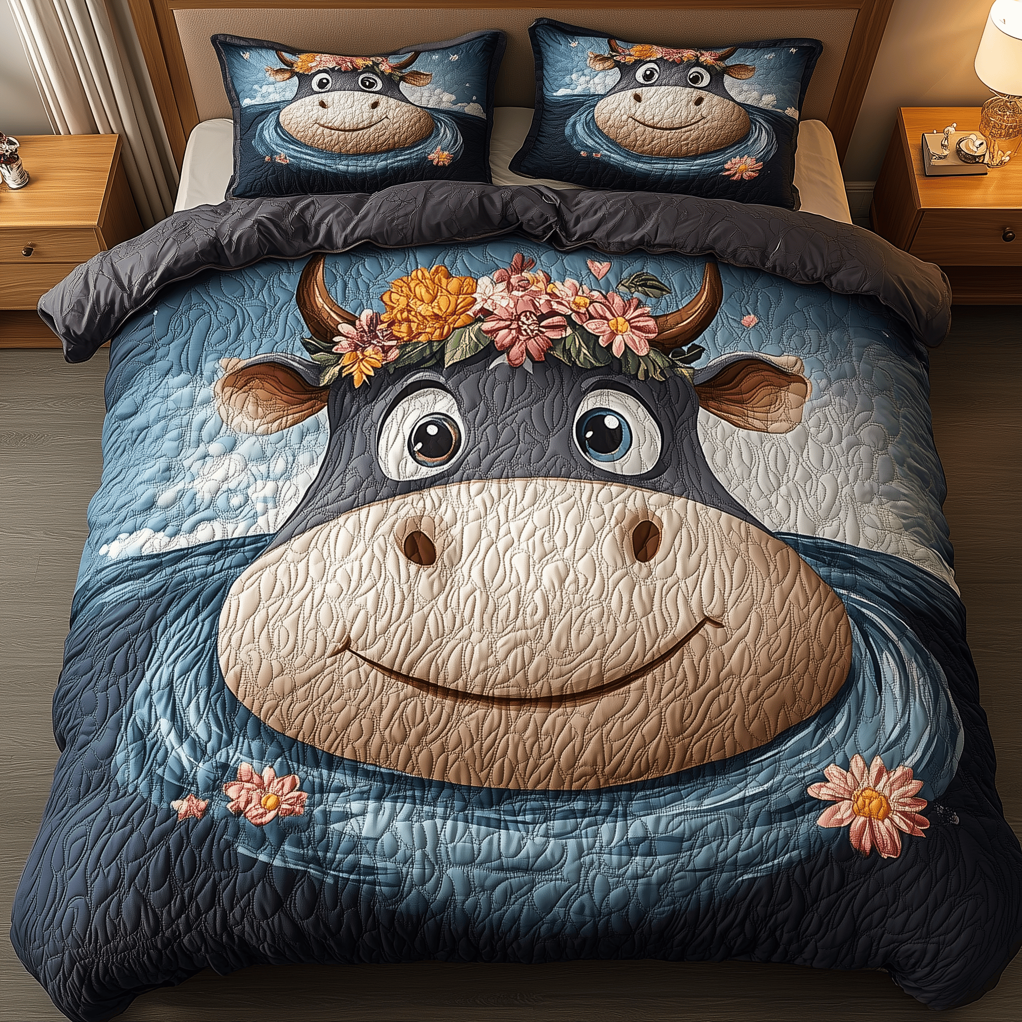 Adorable Hippo Quilted Bedding Set Unique Duvet Cover Bedspread Set Presents For Boyfriend