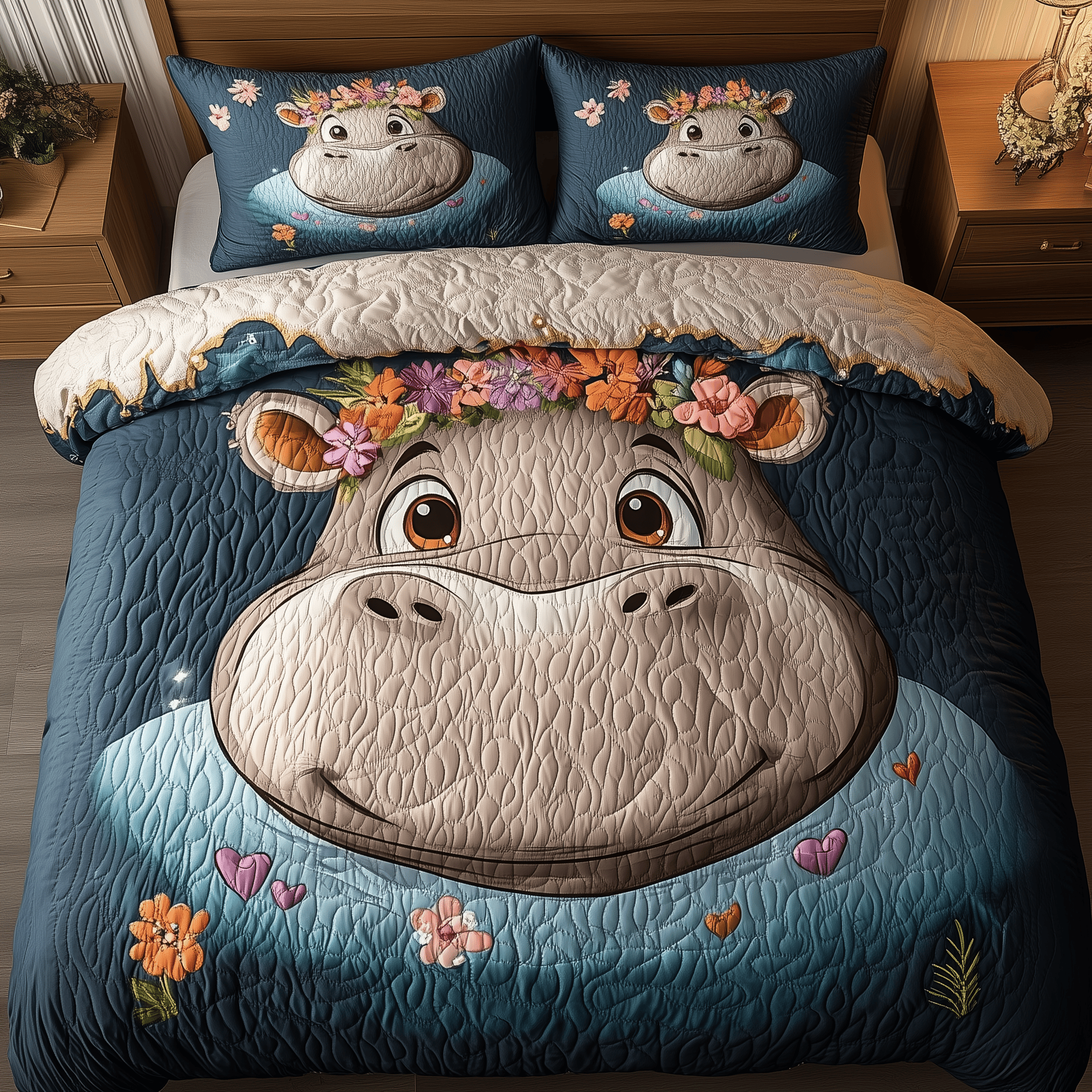 Adorable Hippo Swimming Quilted Bedding Set Duvet Cover Bedspread Set Merch Presents For Mom