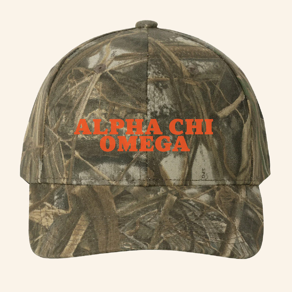 ADPI Merch Alpha Chi Omega Orange Embroidered Camo Hat Unique Gift For Boyfriend Birthday
