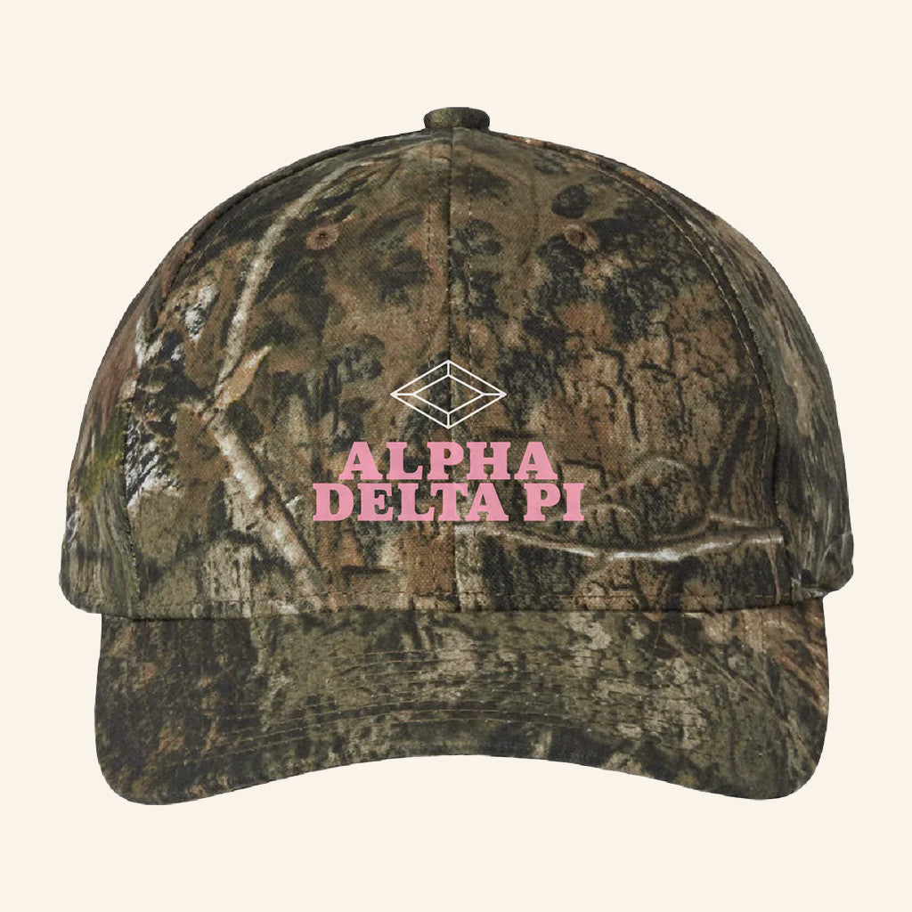 ADPI Merch Alpha Delta Pi Pink Embroidered Camo Hat Gift Ideas For Wife
