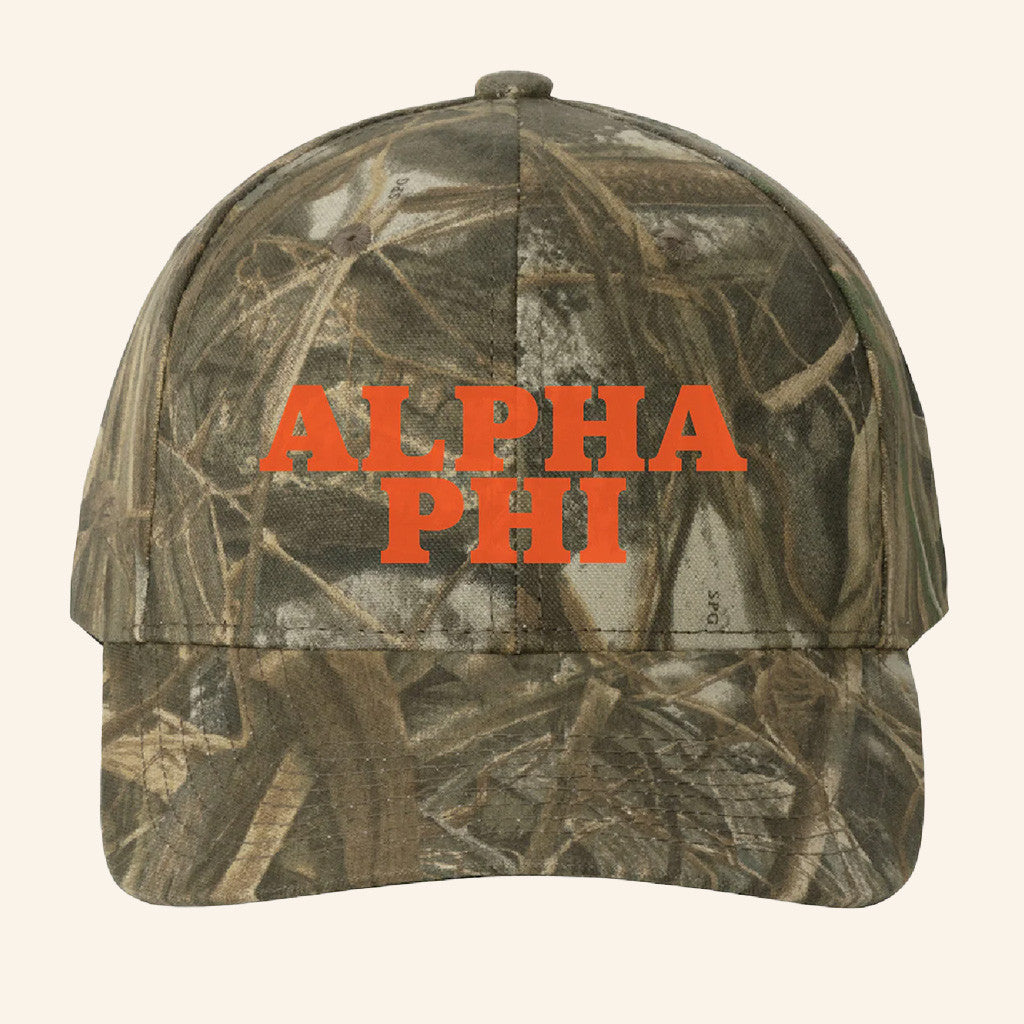 ADPI Merch Alpha Phi Orange Embroidered Camo Hat Birthday Gift Ideas For Him