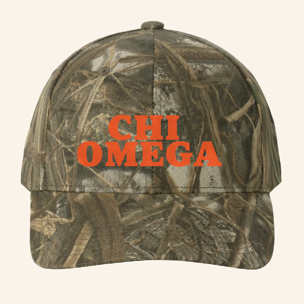 ADPI Merch Chi Omega Orange Embroidered Camo Hat Gift Ideas For Boyfriend