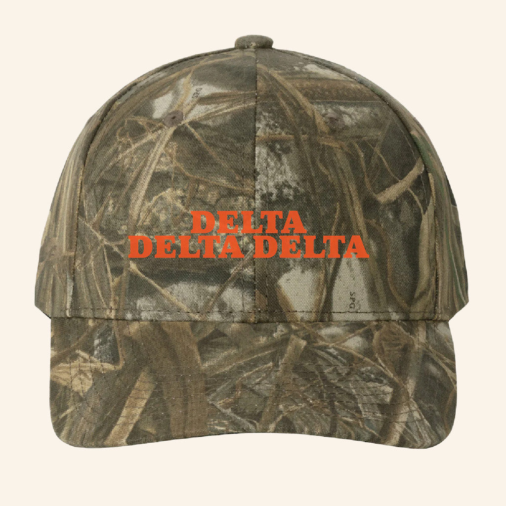 ADPI Merch Delta Delta Delta Orange Embroidered Camo Hat Gift Ideas For Boyfriend