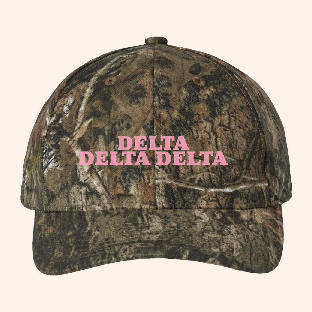 ADPI Merch Delta Delta Delta Pink Embroidered Camo Hat Birthday Present For Wife