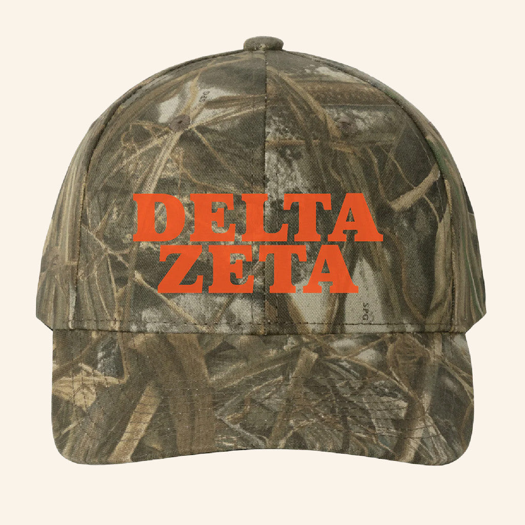 ADPI Merch Delta Zeta Orange Embroidered Camo Hat Gift Ideas For Him