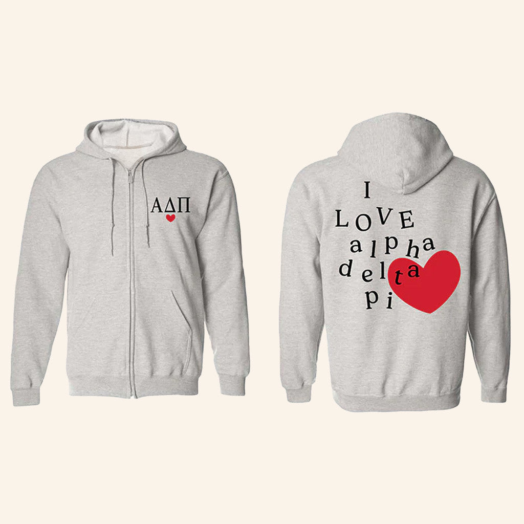 ADPI Merch I Love Alpha Delta Pi Zip Up Hoodie Birthday Ideas For Her