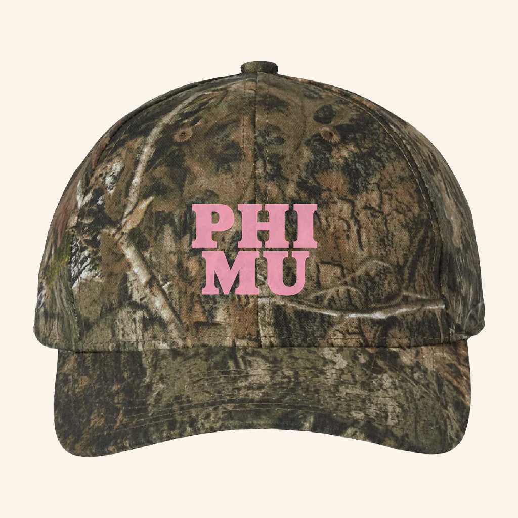 ADPI Merch Phi Mu Pink Embroidered Camo Hat Gifts For Daughter