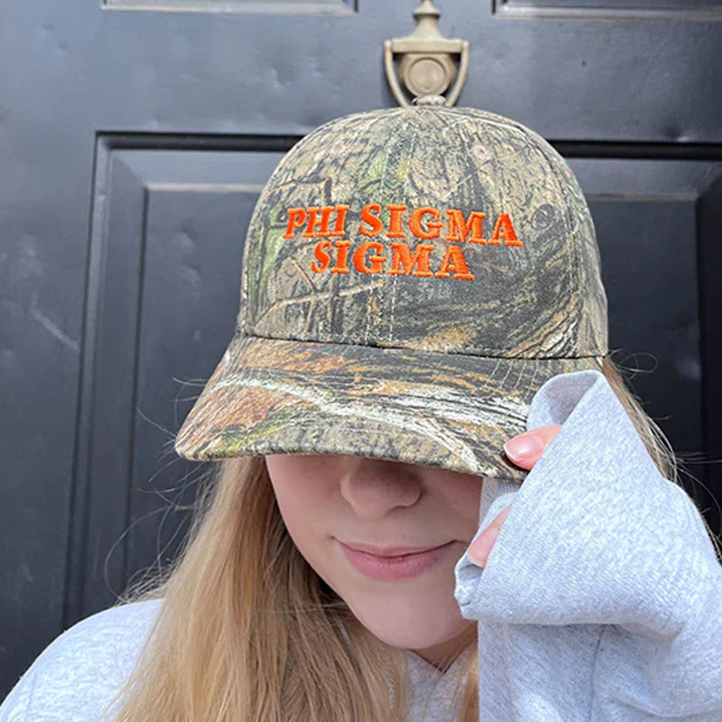 ADPI Merch Phi Sigma Sigma Orange Embroidered Camo Hat Gift Ideas For Her