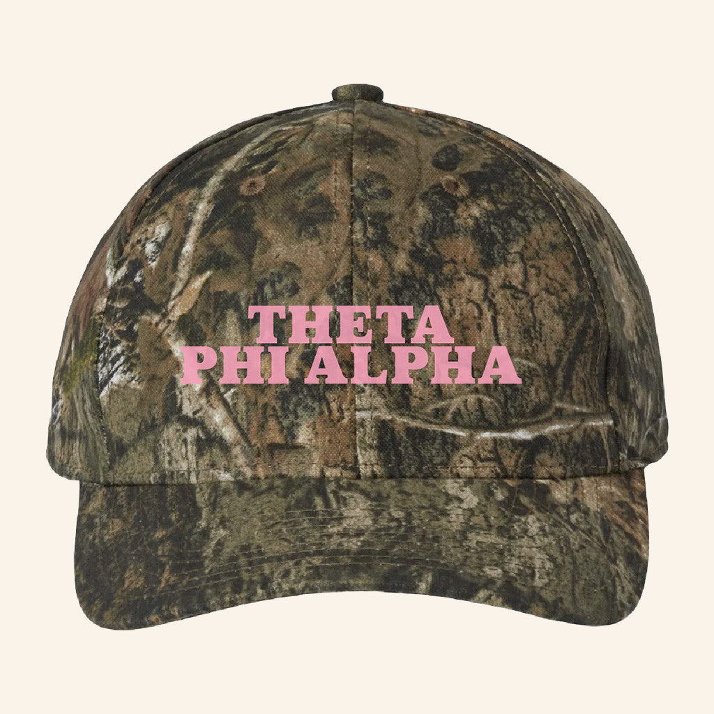 ADPI Merch Theta Phi Alpha Pink Embroidered Camo Hat Gifts For Sister