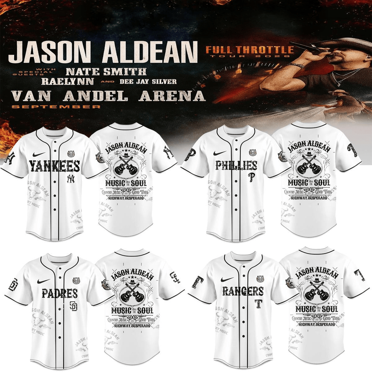 All Team MLB X Jason Aldean Tour 2025 White Baseball Jersey MLB Merch Gifts For Fans