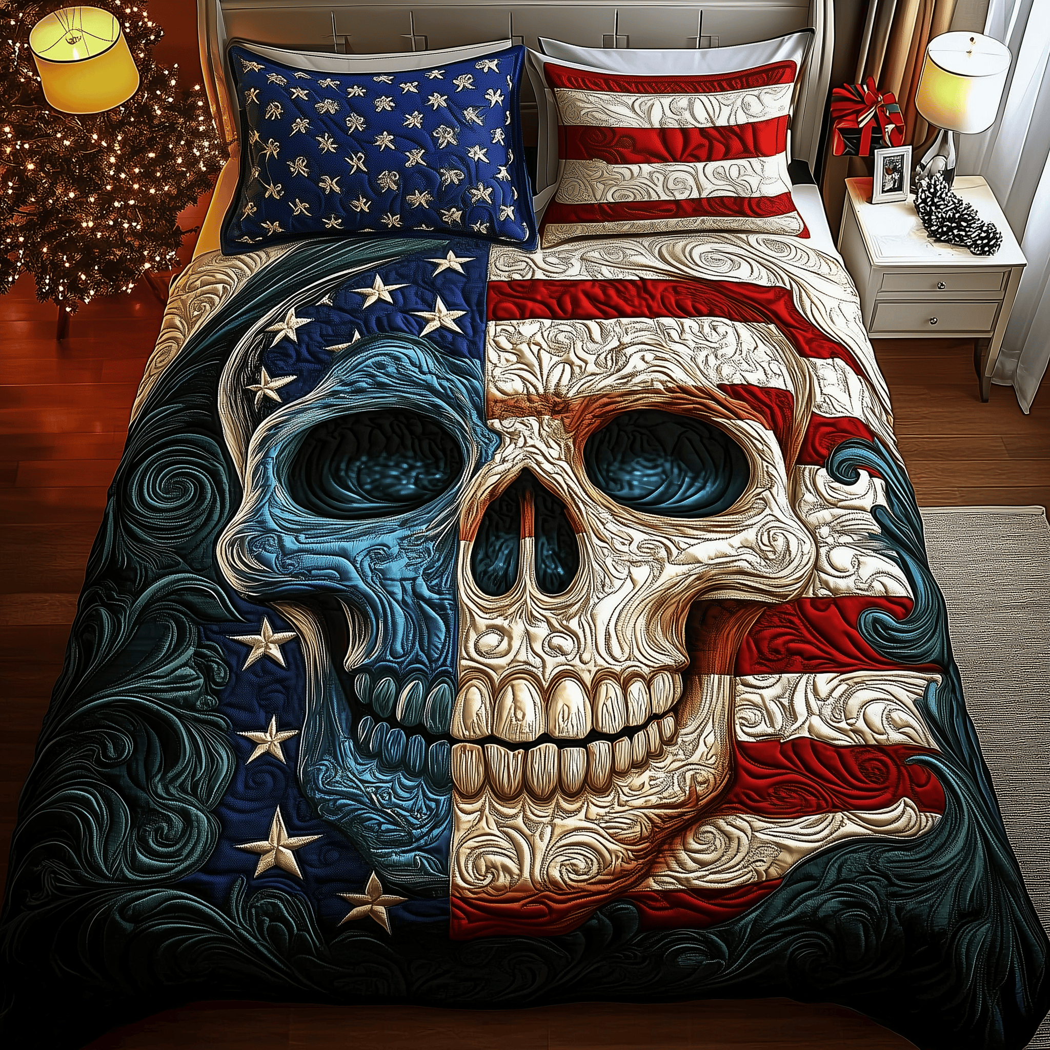 American Pride Skull Quilted Bedding Set Skull Items For Gifts