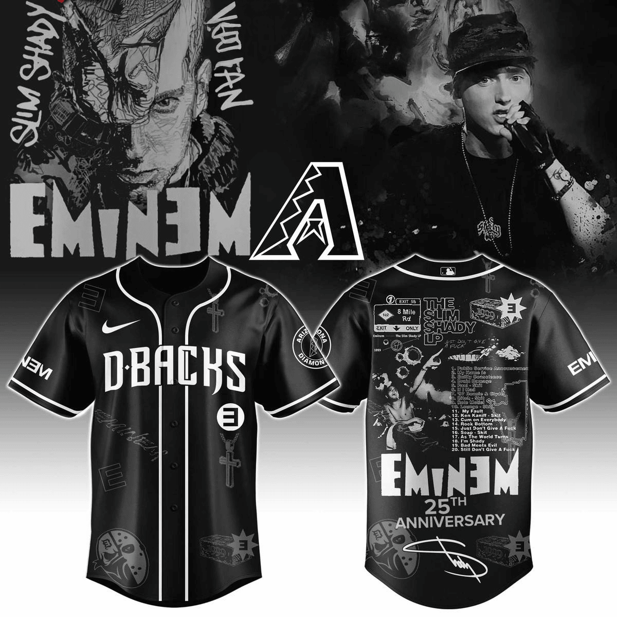 Arizona Diamondbacks X Eminem 25th Anniversary Of The Slim Shady LP 2025 Jersey Fan Merch