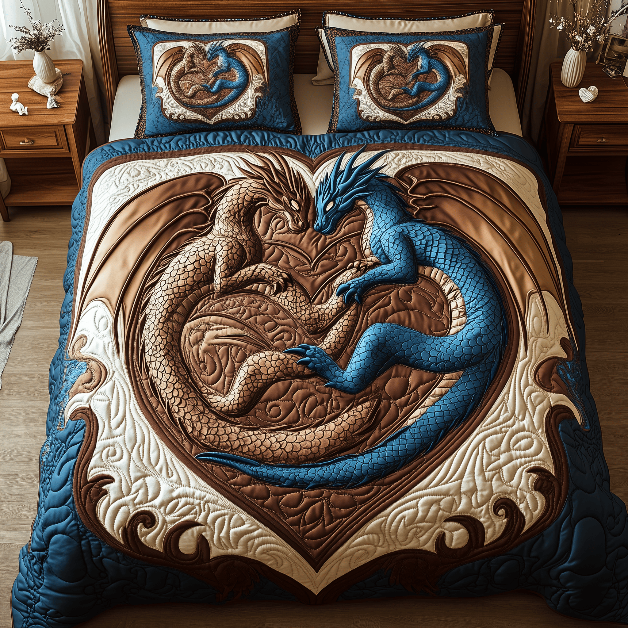 Aurora of Dragons Quilted Bedding Set Best Valentines Duvet Cover Set Dragonfly Gifts For Her