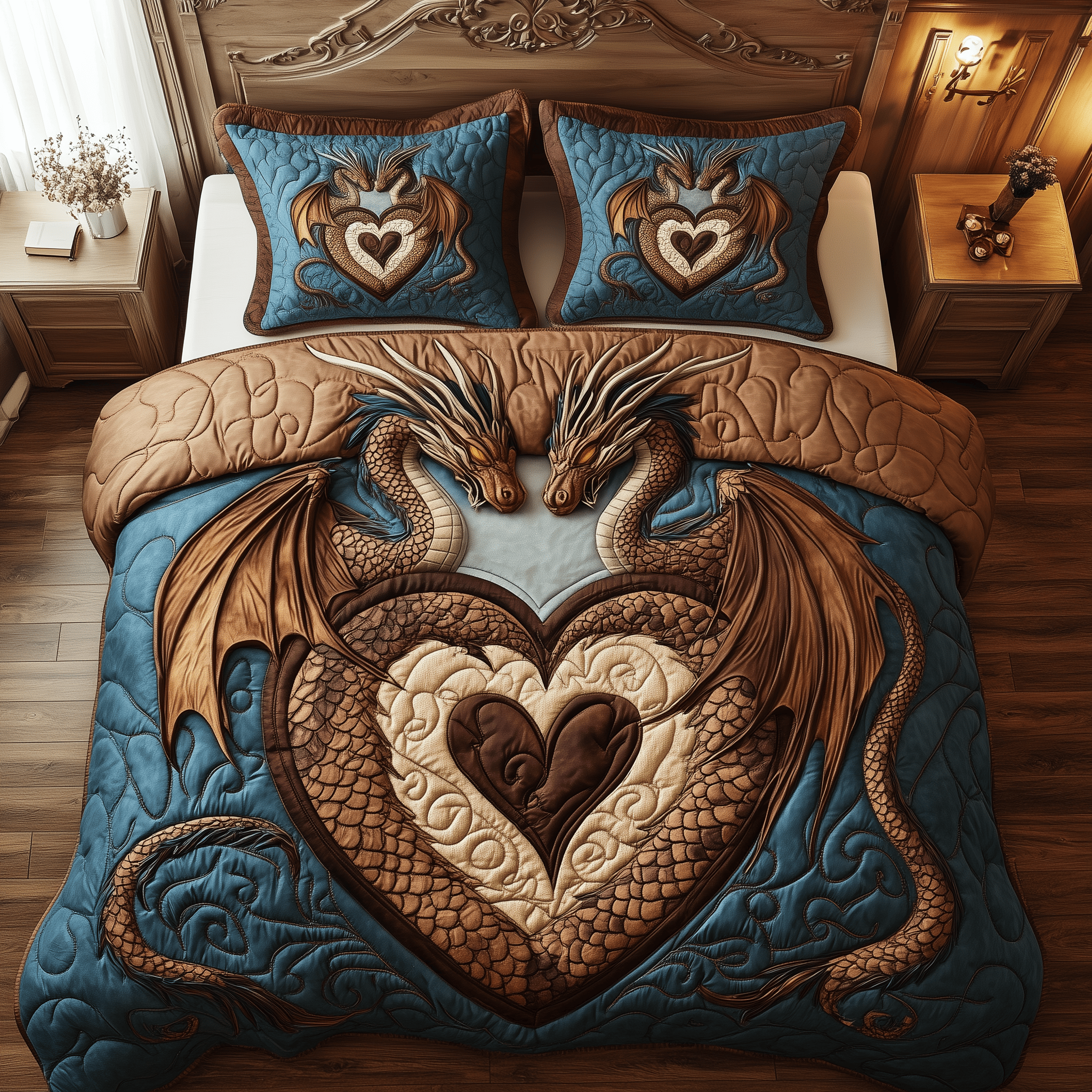 Aurora of Dragons Quilted Bedding Set Best Valentines Duvet Cover Set Gift For Dragon Lover