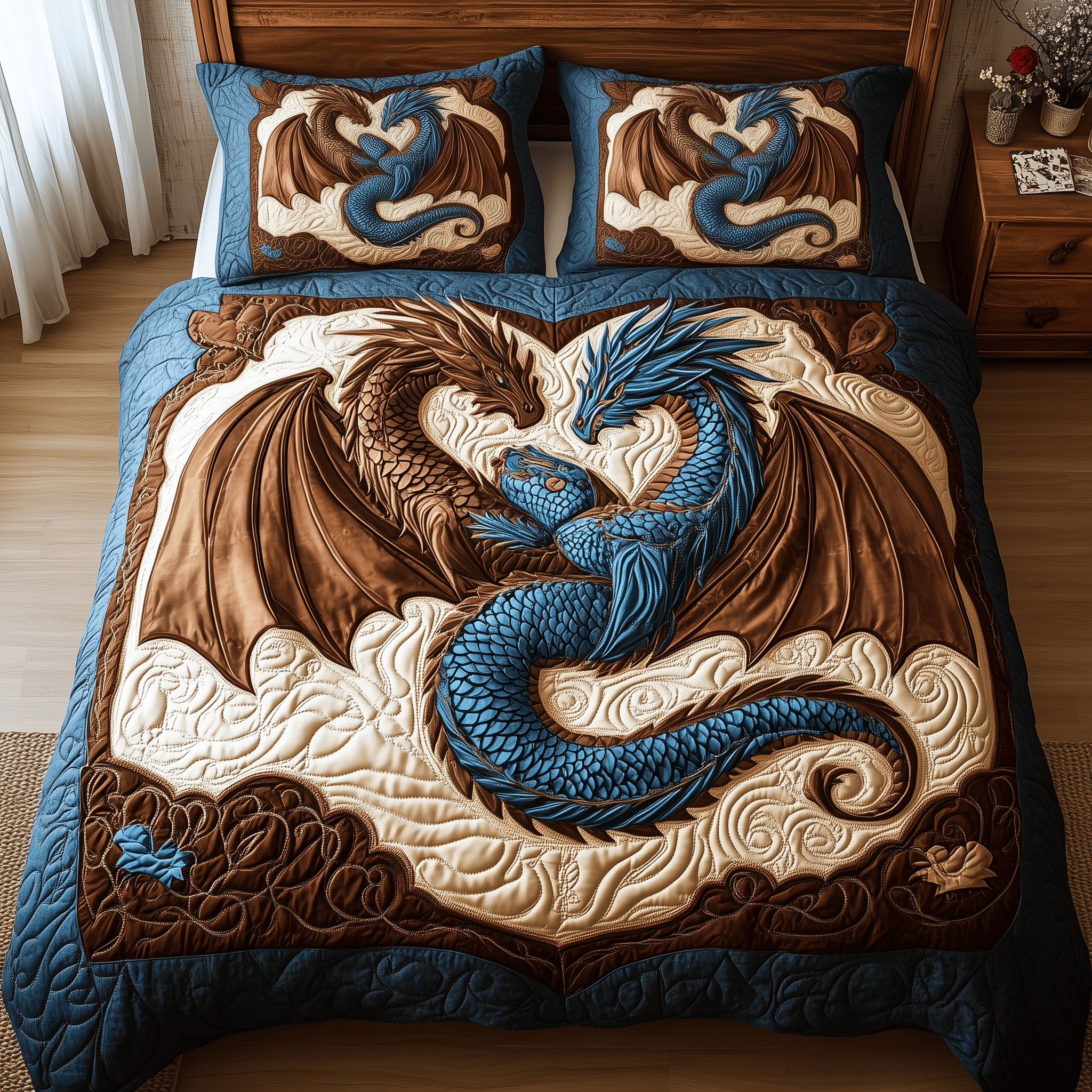 Aurora of Dragons Quilted Bedding Set Best Valentines Duvet Cover Set Presents For Dragon Lovers