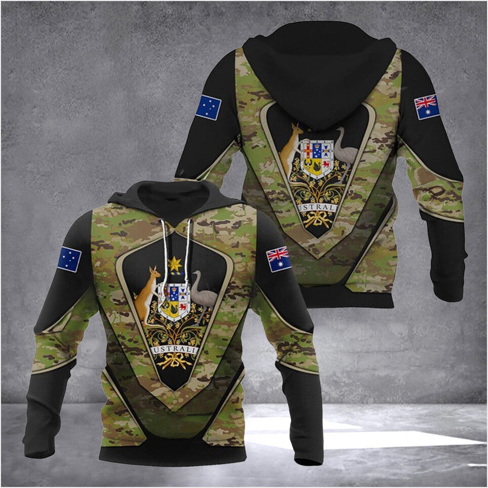 Australia Coat Of Arms Hoodie Camo Print Australian Flag With Coat Of Arms Apparel
