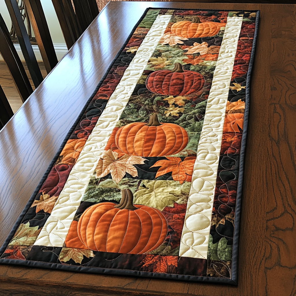 Autumn Leaves And Pumpkins Quilted Table Runner Best Modern Fall Dining Table Runner Decoration Best Gifts