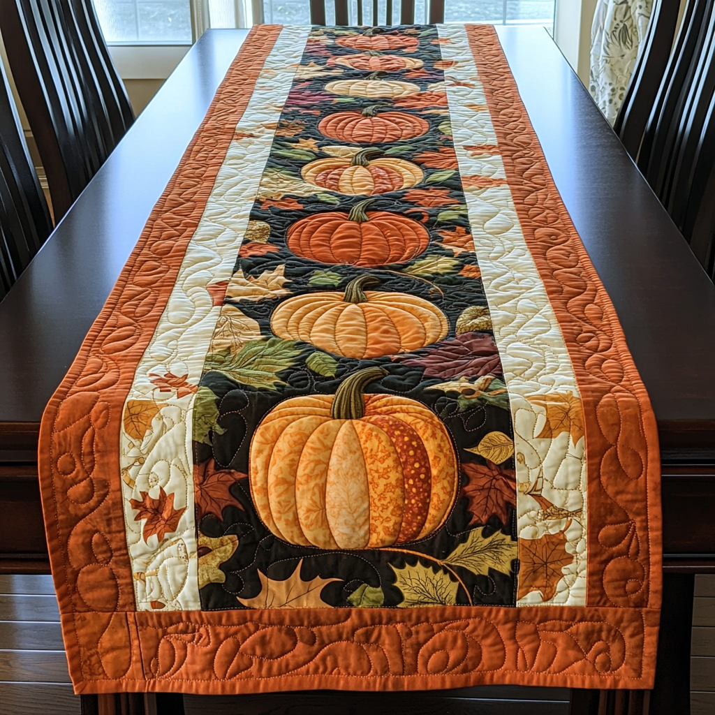 Autumn Leaves And Pumpkins Quilted Table Runner Best Modern Fall Dining Table Runner Decoration Best Gifts