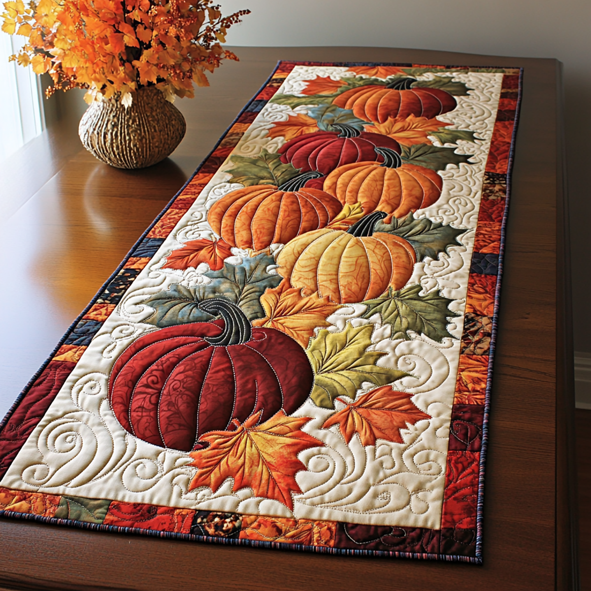 Autumn Pumpkin Quilted Table Runner Modern Fall Table Runner Home Decoration