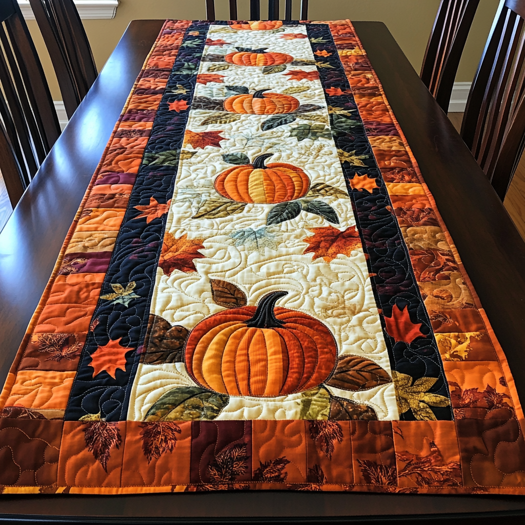 Autumn Pumpkins Quilted Table Runner Modern Fall Table Runner Home Decoration