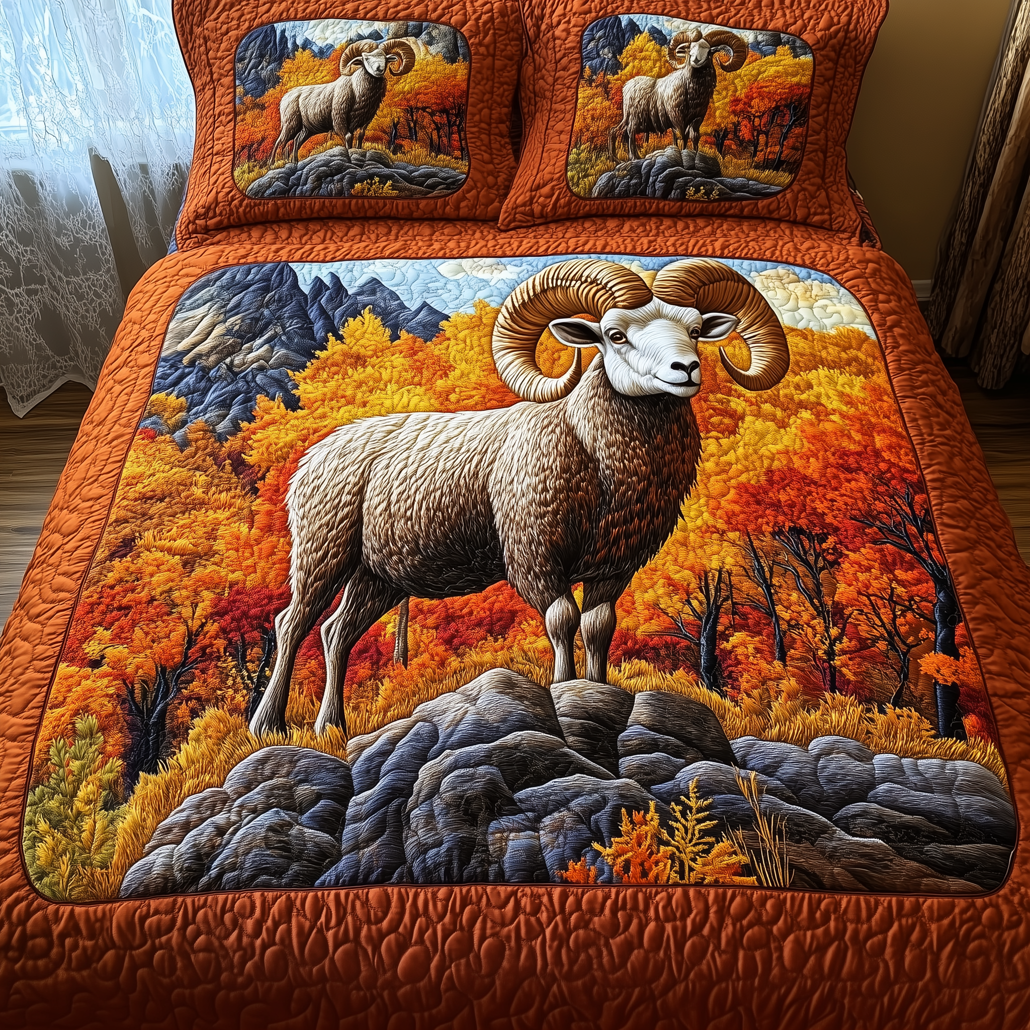 Autumn Soul Bighorn Sheep Quilted Bedding Set Unique Duvet Cover Bedspread Set Birthday Day Special Gifts