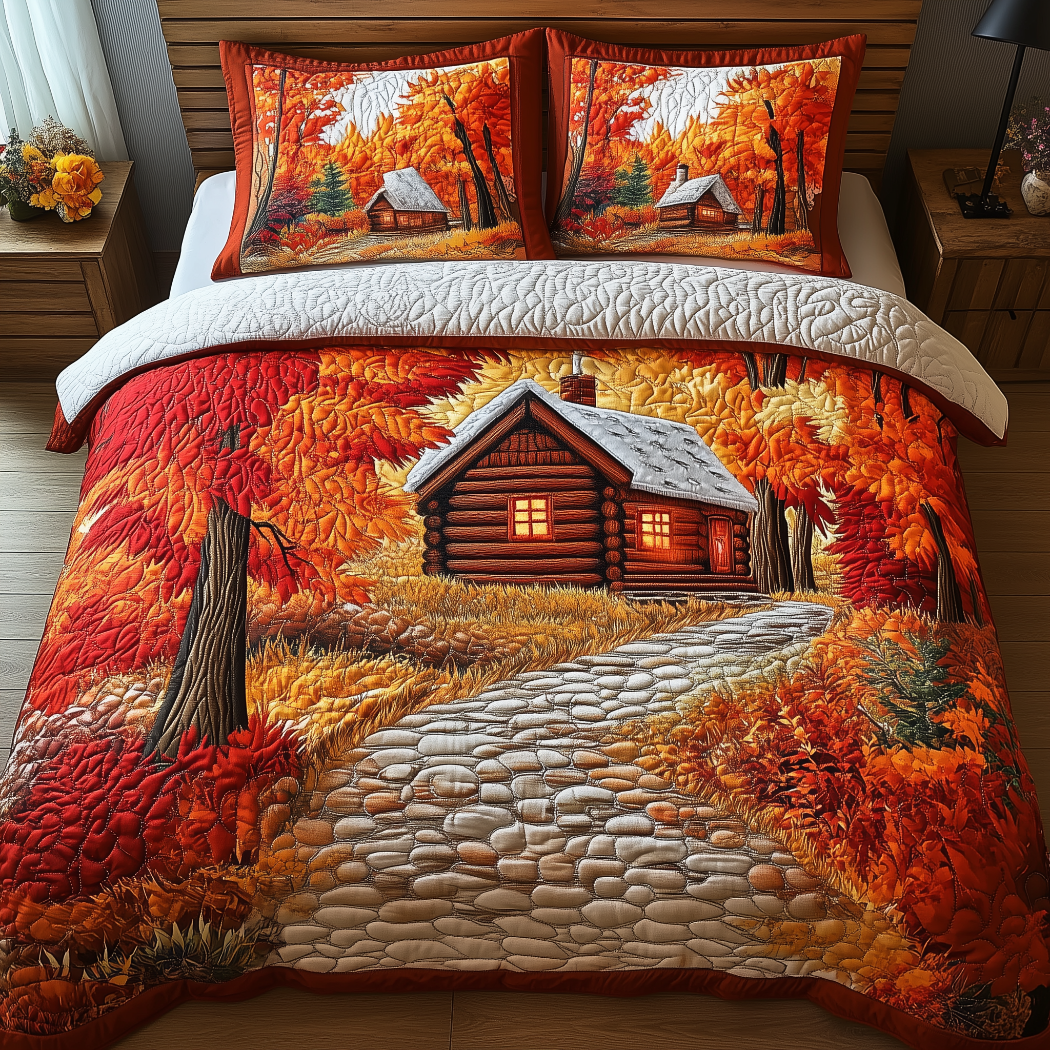 Autumn Soul Log Cabin Quilted Bedding Set Best Duvet Cover Bedspread Set Father Daughter Gifts