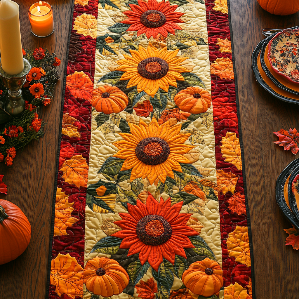 Autumn Sunflower Quilted Table Runner Best Modern Fall Dining Table Runner Decoration Best Gifts