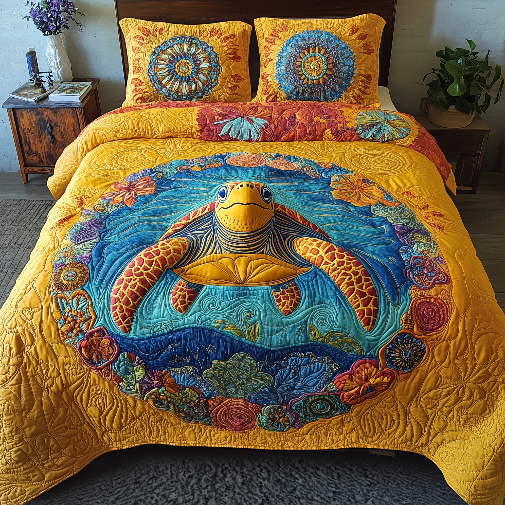 Awakening Of The Sea Turtle Quilted Bedding Set Duvet Cover Bedspread Set Item Turtle Items Gifts
