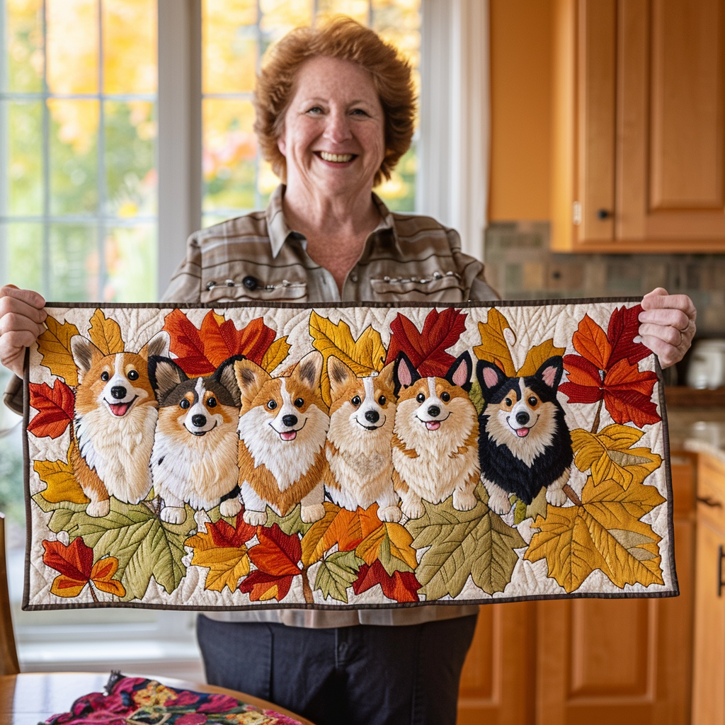 Baby Corgi Autumn Quilted Table Runner Decorations Stuff Best Gifts For Corgi Lovers