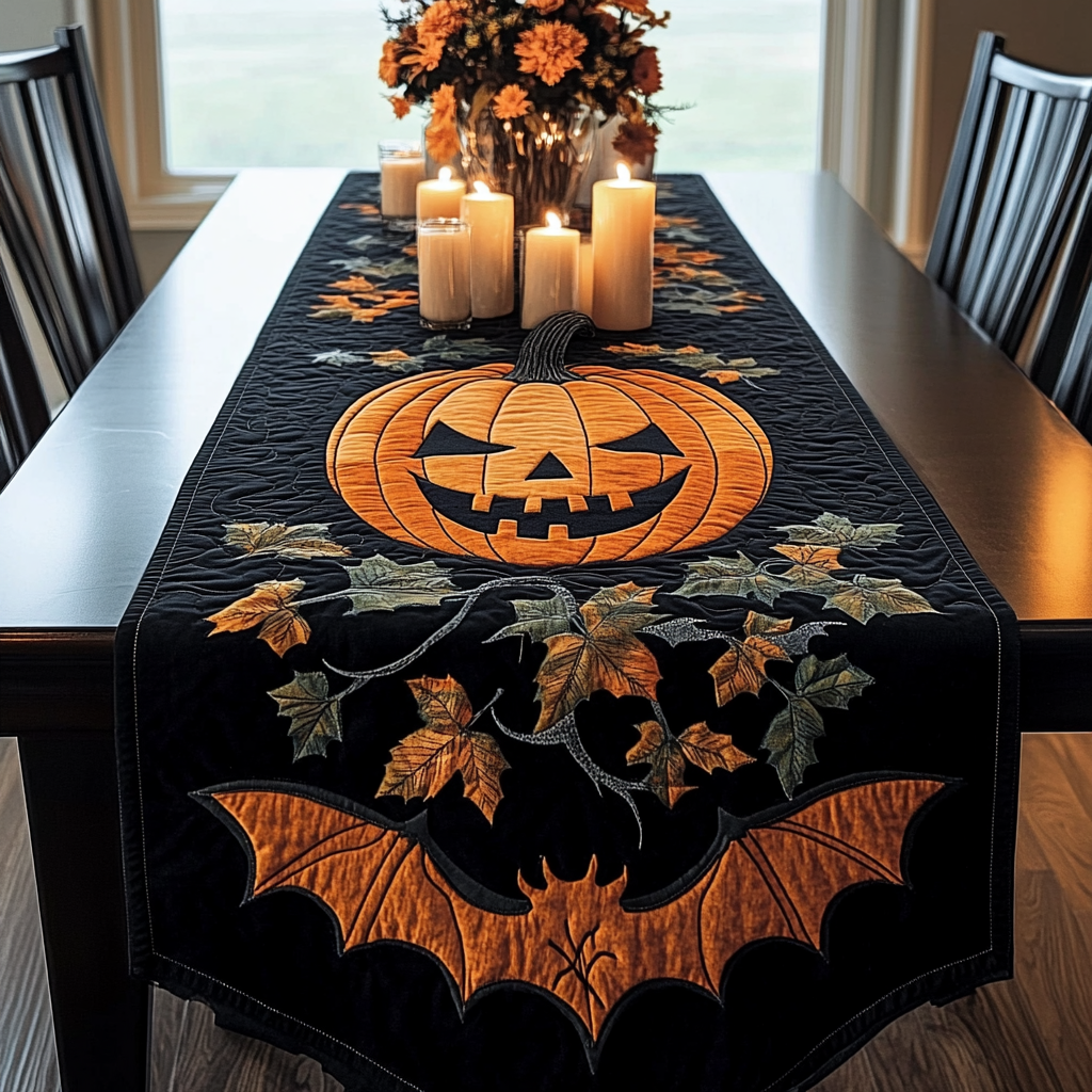 Bat And Halloween Pumpkin Quilted Table Runner Fall Table Runner Home Decoration