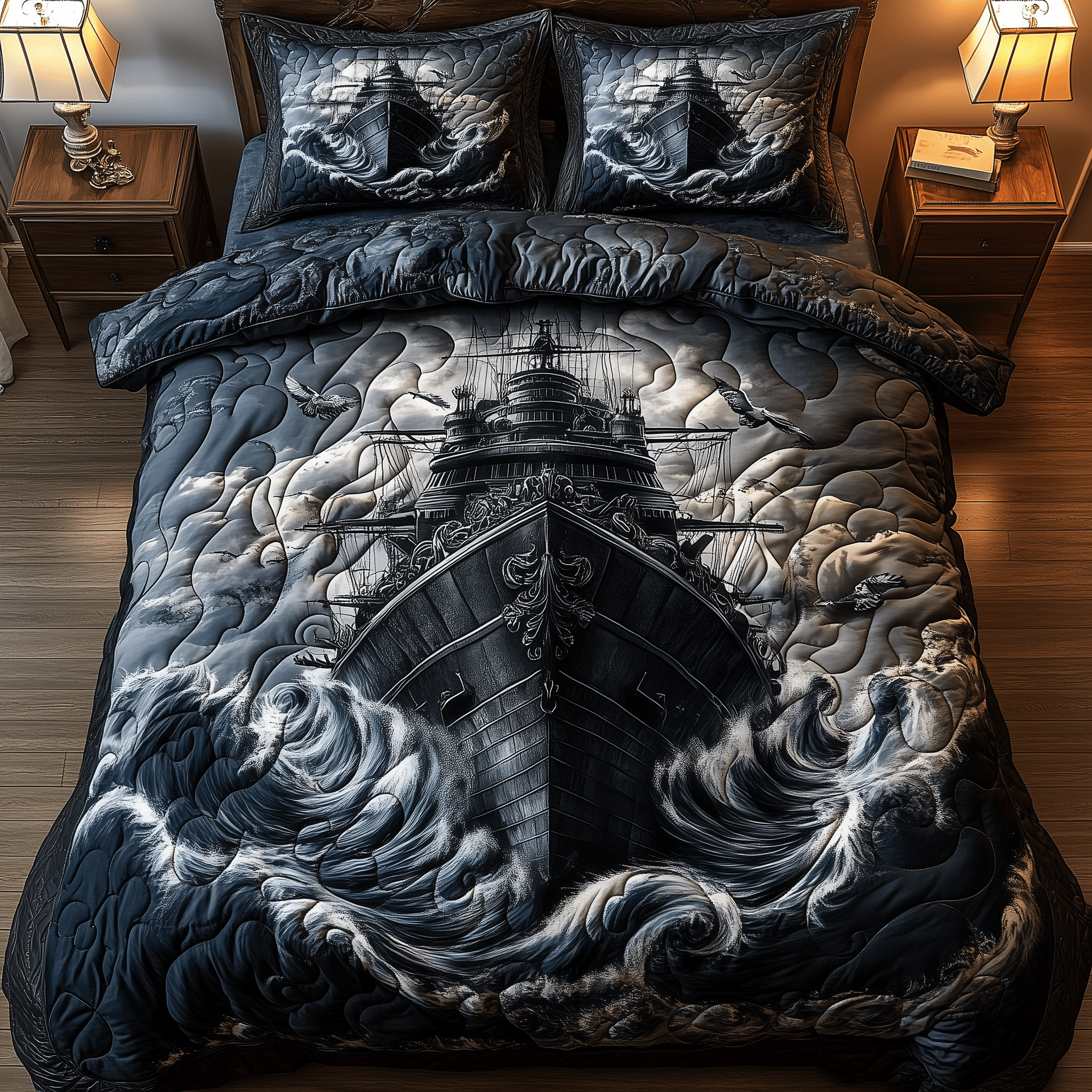 Battle Ship in the Storm Quilted Bedding Set Family Xmas Ideas