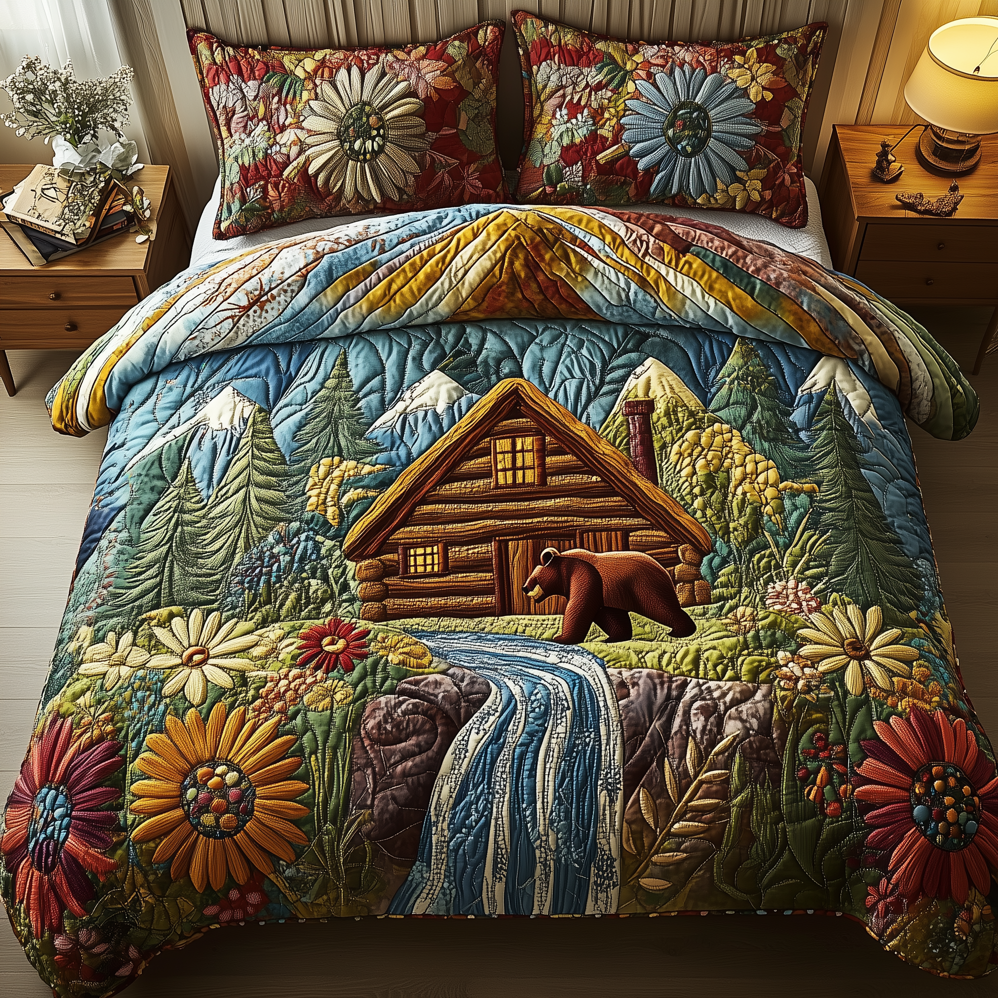Bear and Cabin Quilted Bedding Set Best Valentine'S Day Best Gifts For Women