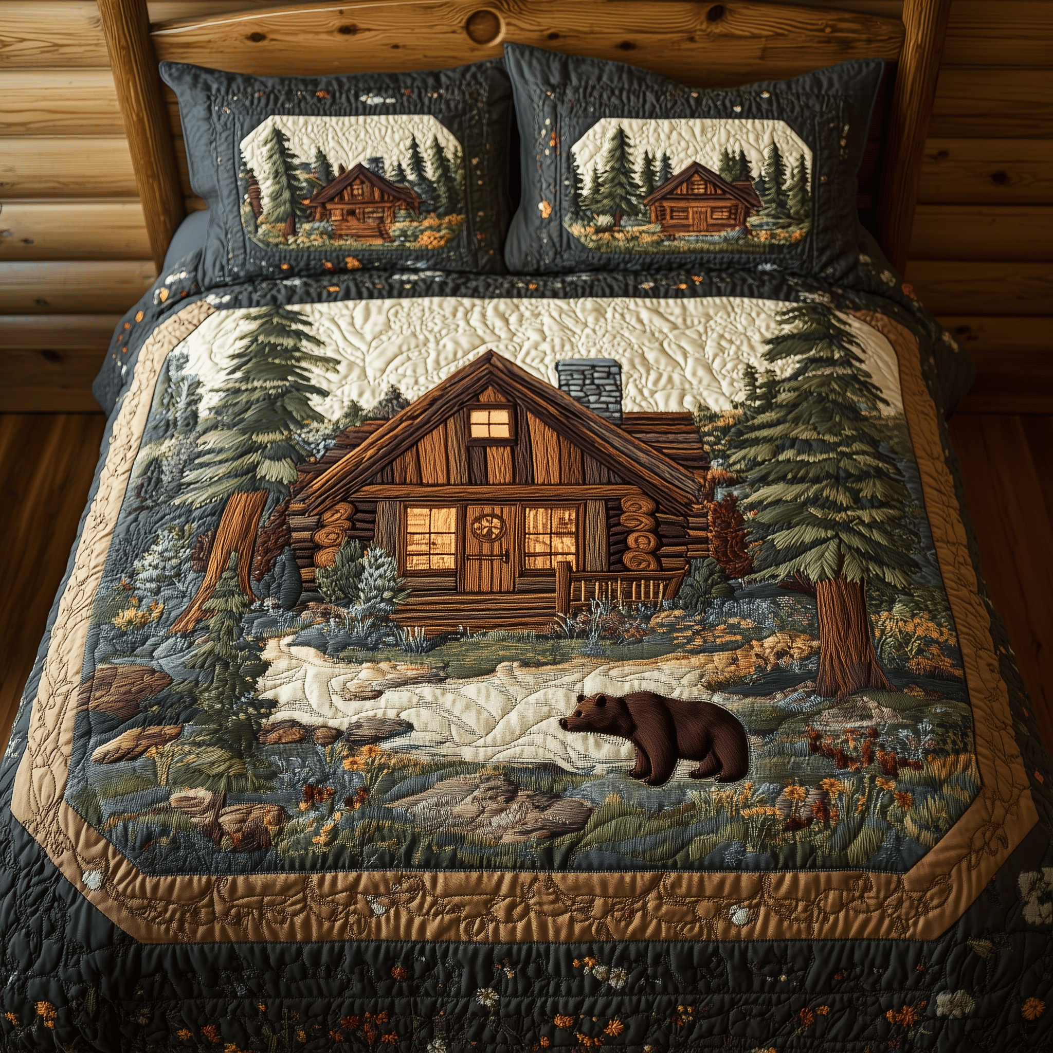 Bear and Cabin Quilted Bedding Set Best Valentine'S Day Gifts For Wife