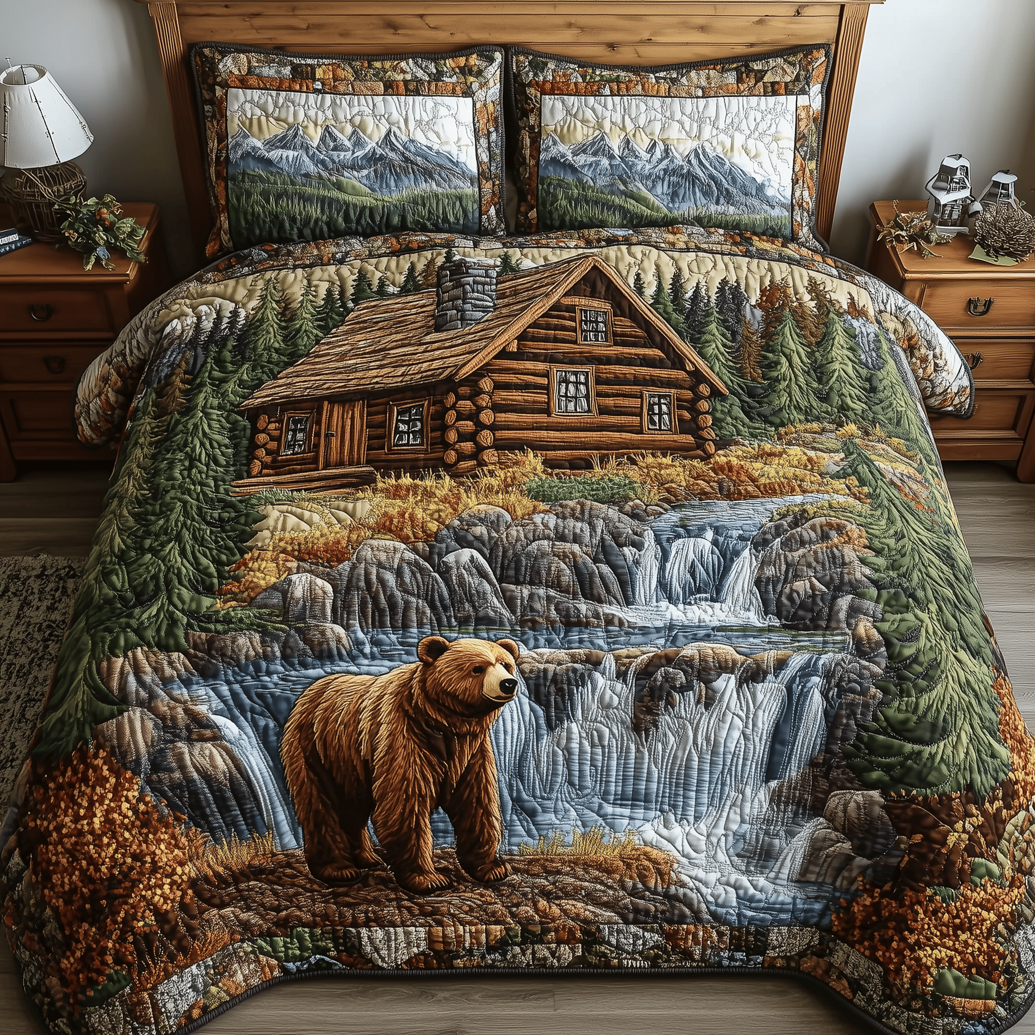 Bear and Cabin Quilted Bedding Set Best Valentine'S Day Good Gifts For Mom