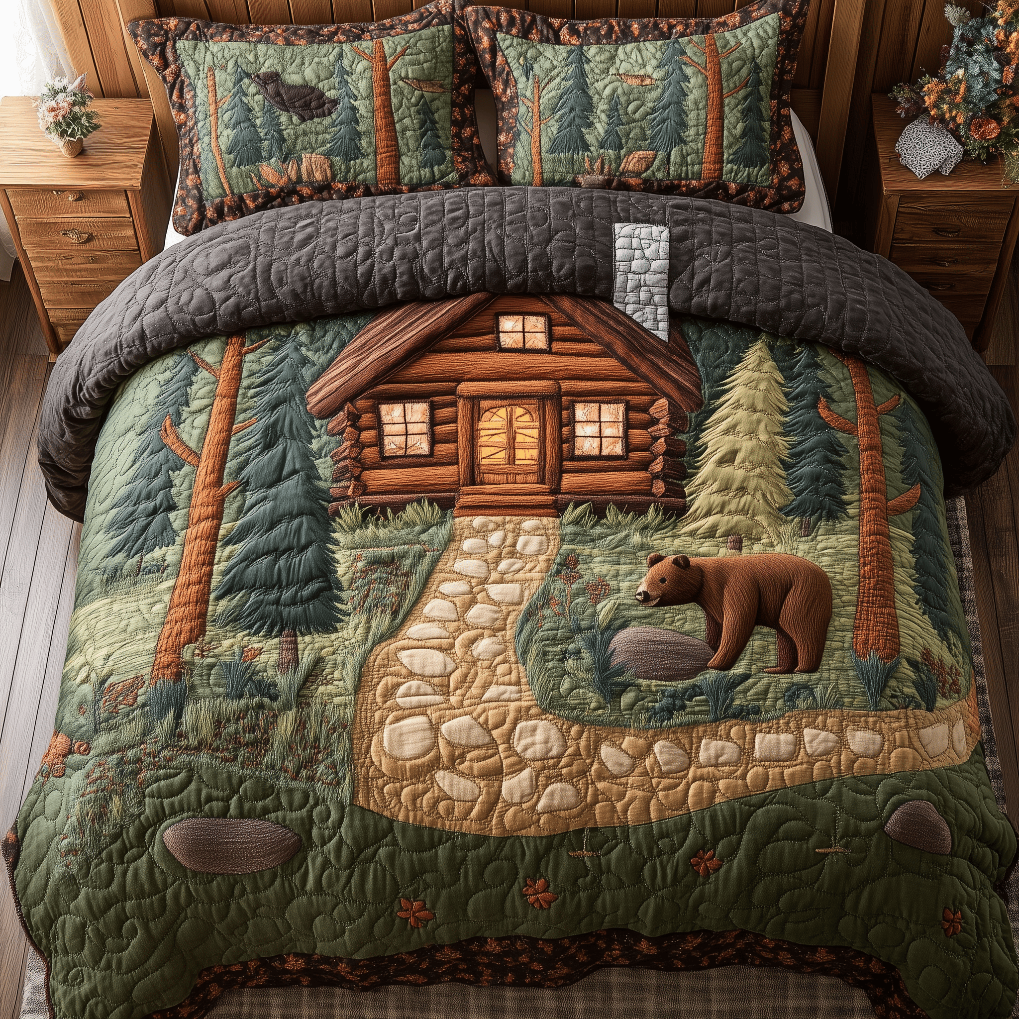 Bear and Cabin Quilted Bedding Set Best Valentine'S Day Ideas For Girlfriend