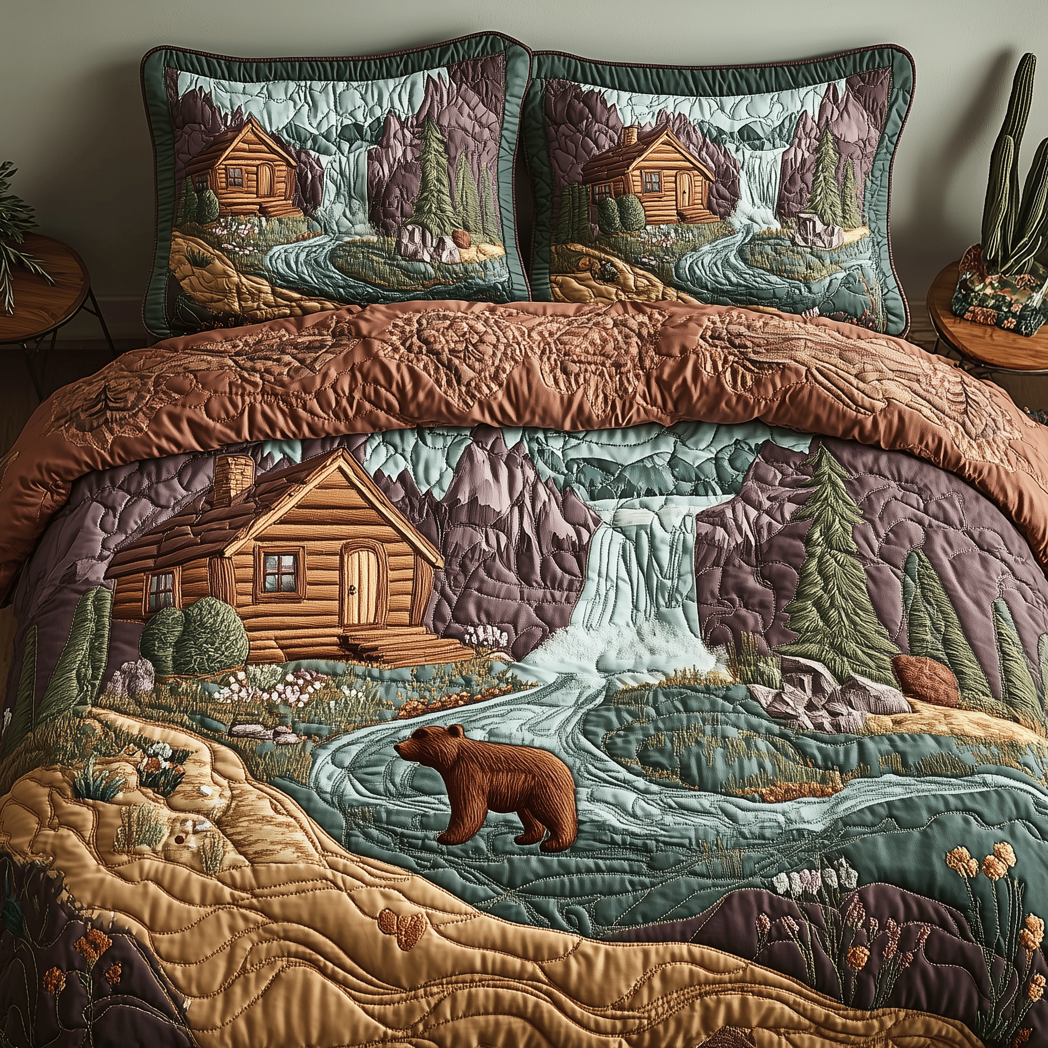 Bear and Cabin Quilted Bedding Set Best Valentine'S Day Mother In Law Gift