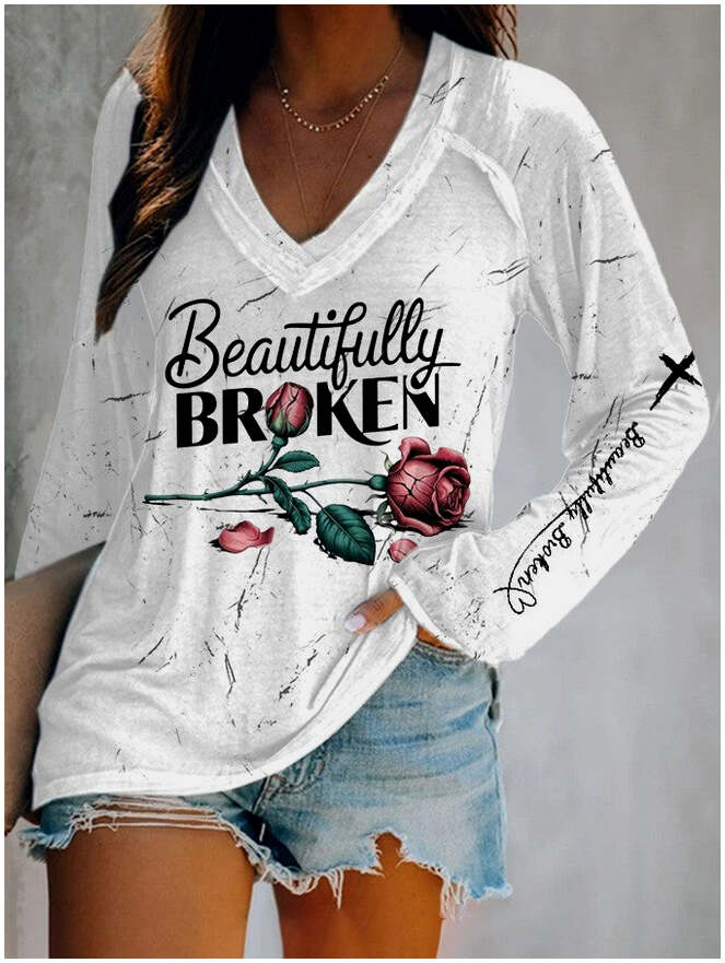 Beautifully Broken Rose Long Sleeve V-neck Shirt Country Music Lover Jelly Roll Fans Father's Day Gift for Husband