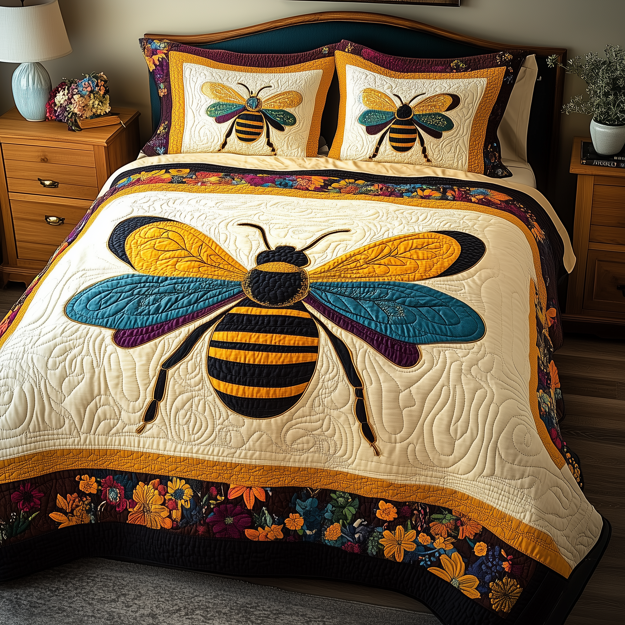Bee Positive Quilted Bedding Set Valentine Duvet Cover Set Bee Themed Presents