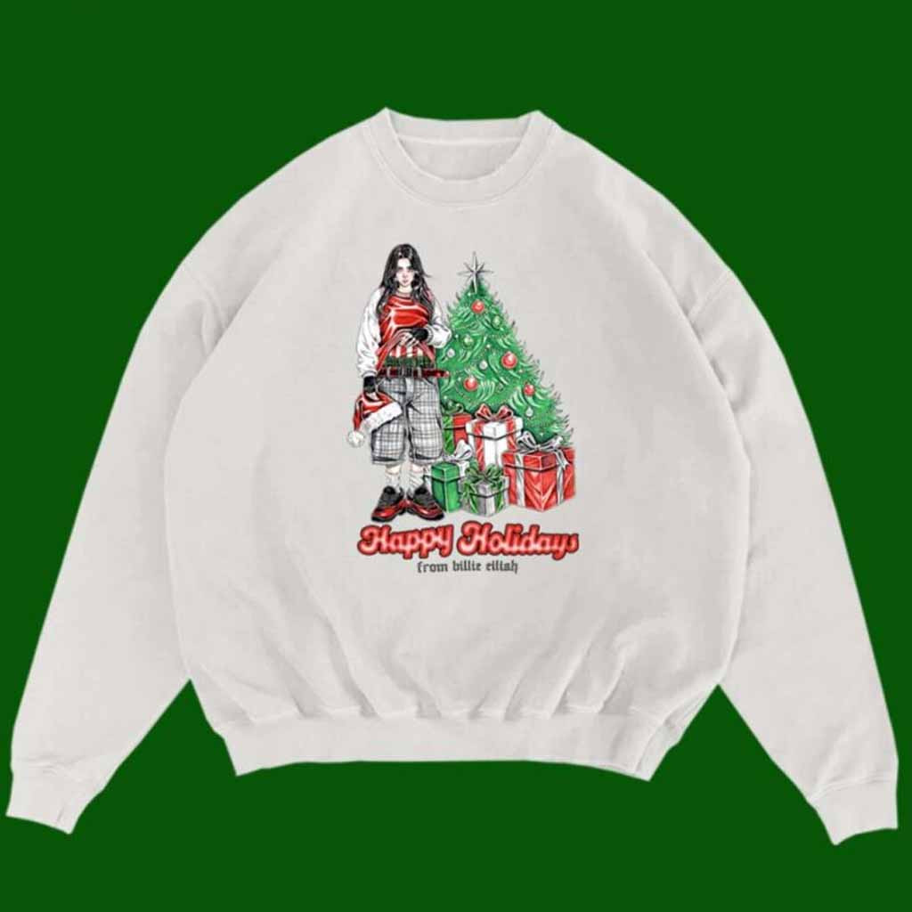 Billie Eilish Happy Holidays 2024 White Crewneck Sweatshirt Billie Eilish Merch Gifts For Music Lovers