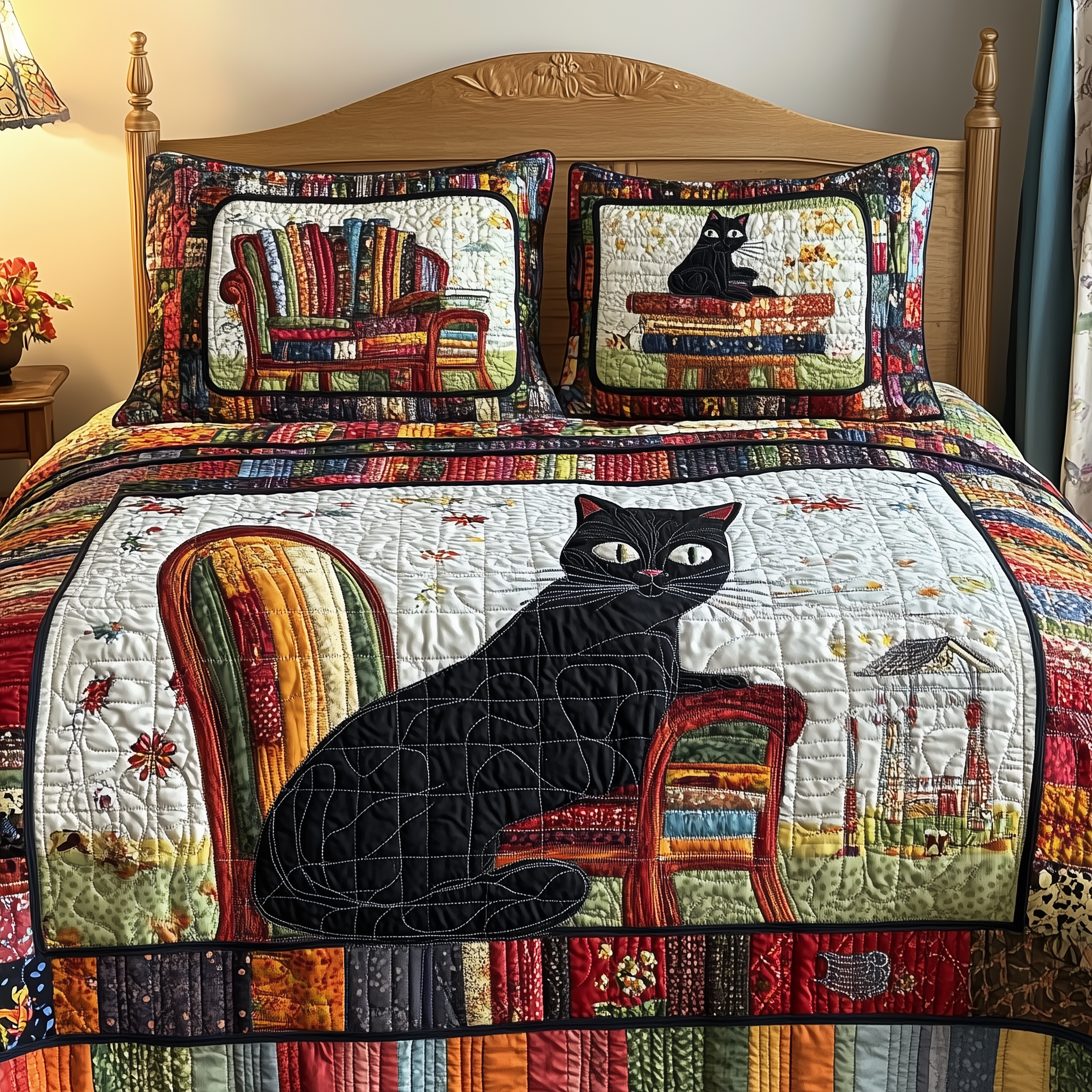 Black Cat Quilted Bedding Set Valentine'S Day Duvet Cover Set Best Presents For Cat Lovers