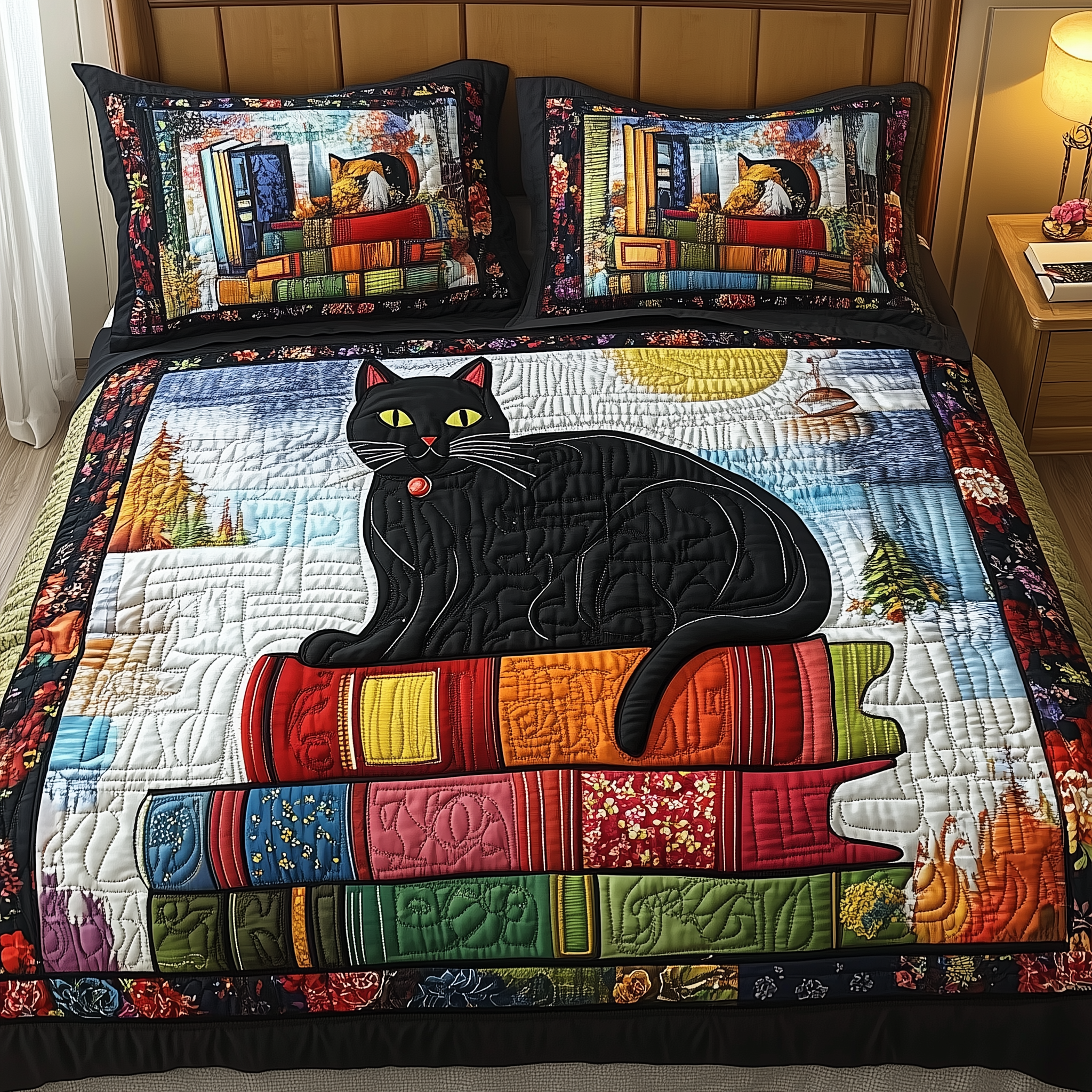 Black Cat Quilted Bedding Set Valentine'S Day Duvet Cover Set Gift Ideas For Cat People