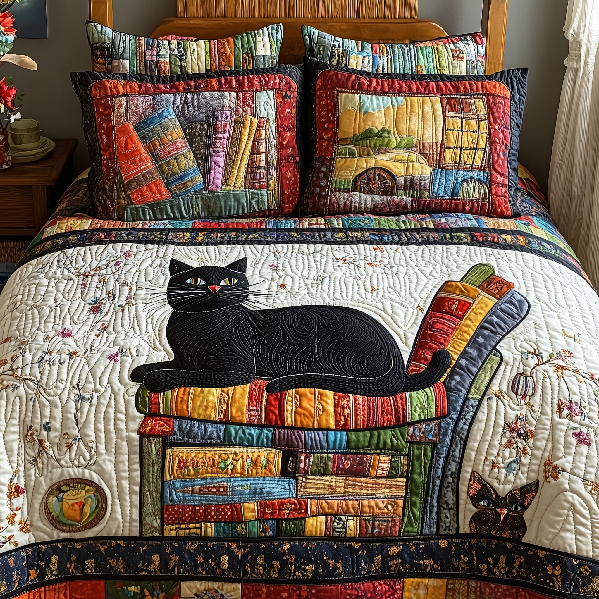 Black Cat Quilted Bedding Set Valentine'S Day Duvet Cover Set Good Cat Presents