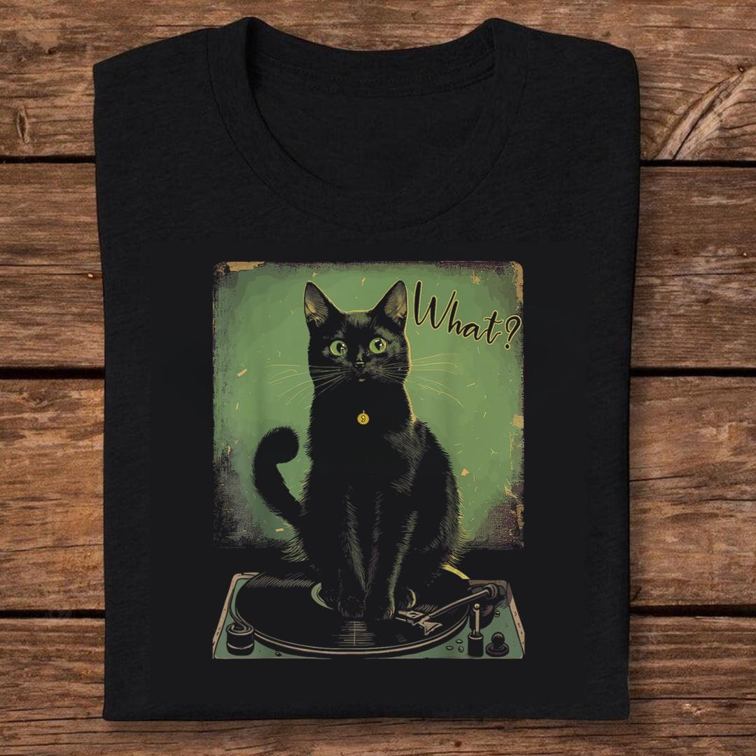 Black Cat Sitting On Vinyl Record Player Women Men T-shirt