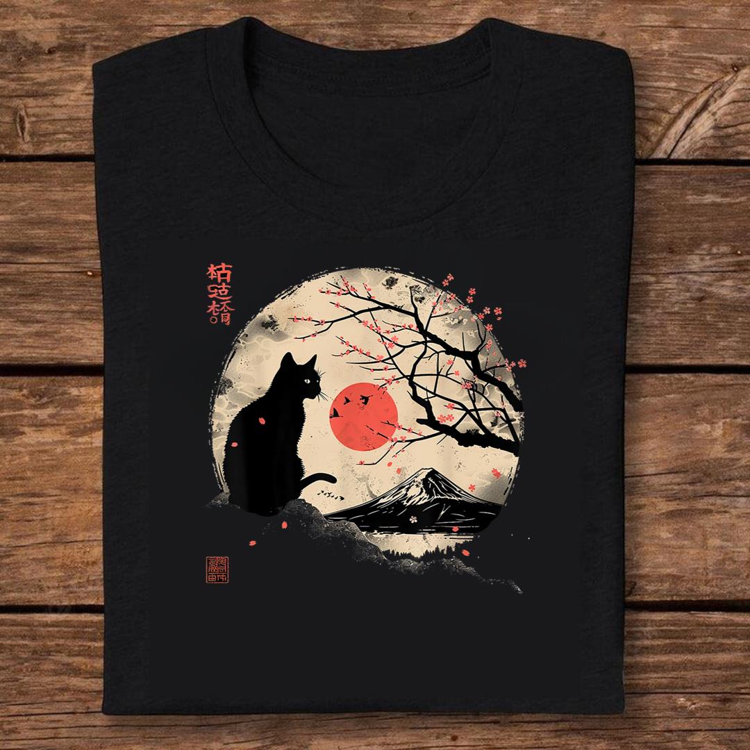 Black Cat Vintage Japan Art Japanese Theme Retro Print T-shirt