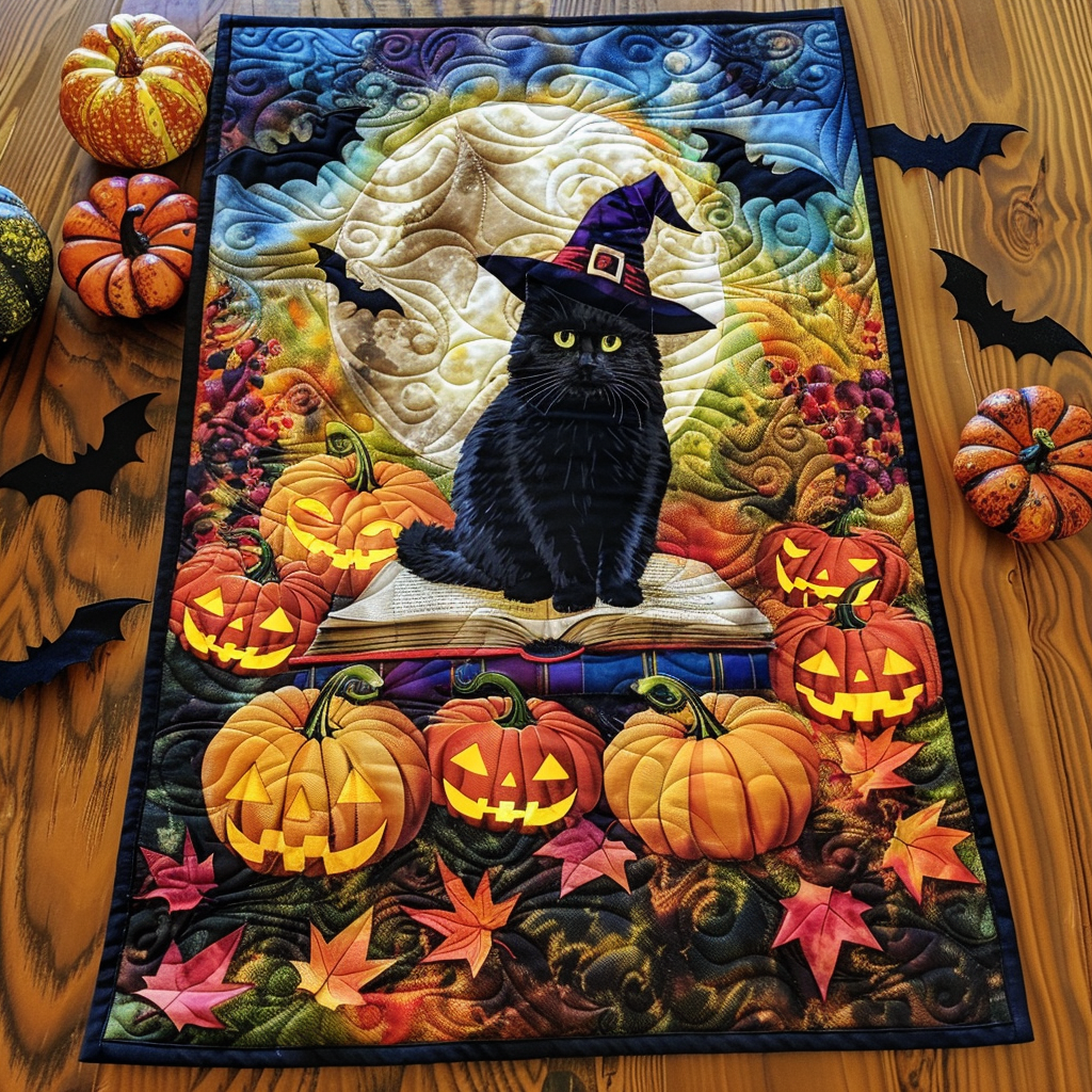 Black Cat Witch Quilted Table Runner Home Decorations Themed Gifts For Cat Person People